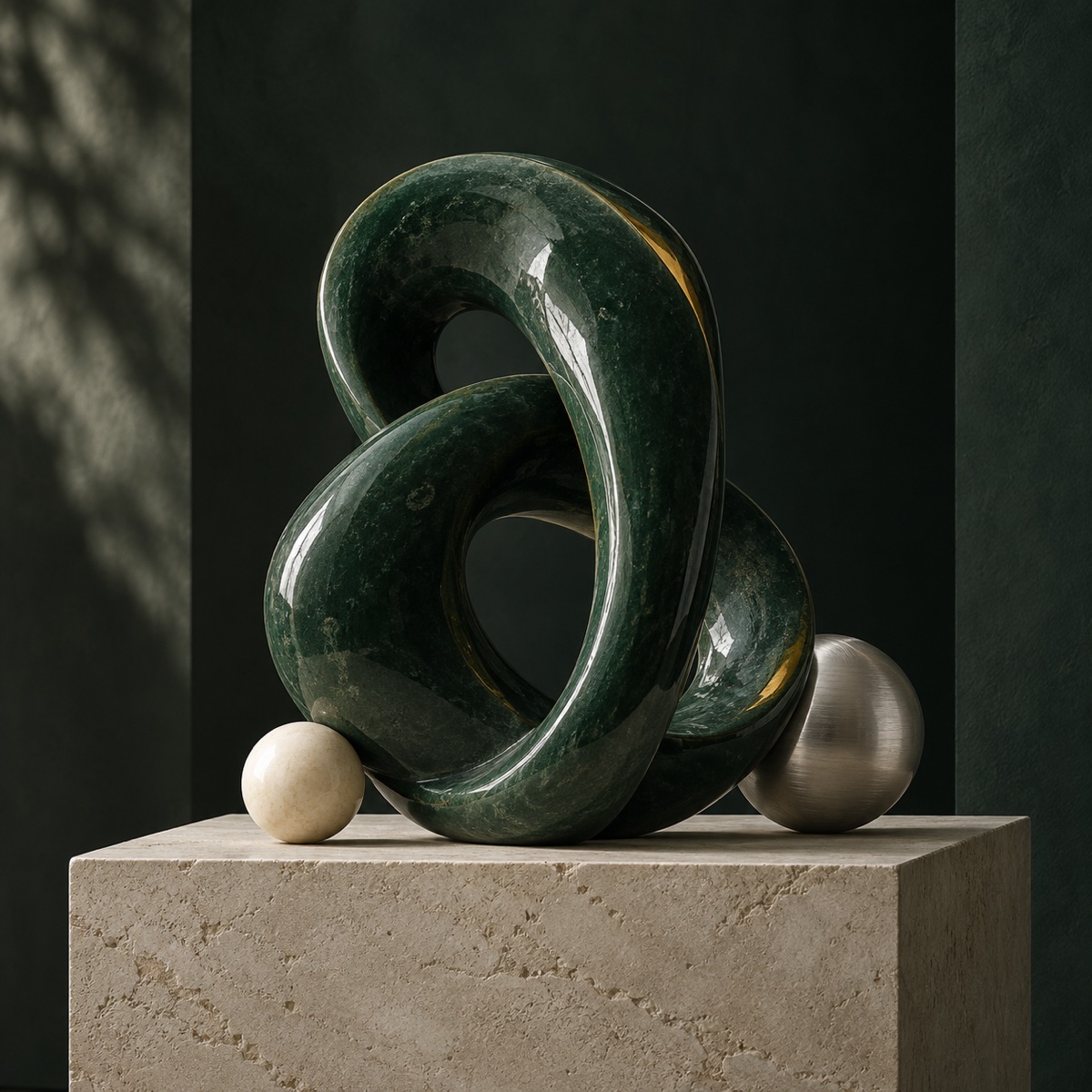 A sculptural green ceramic loop with softly lit spheres